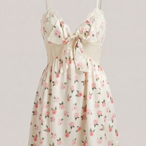 Floral Satin Chemise Nightdress - Cream with Pink Rose Print SIZE L